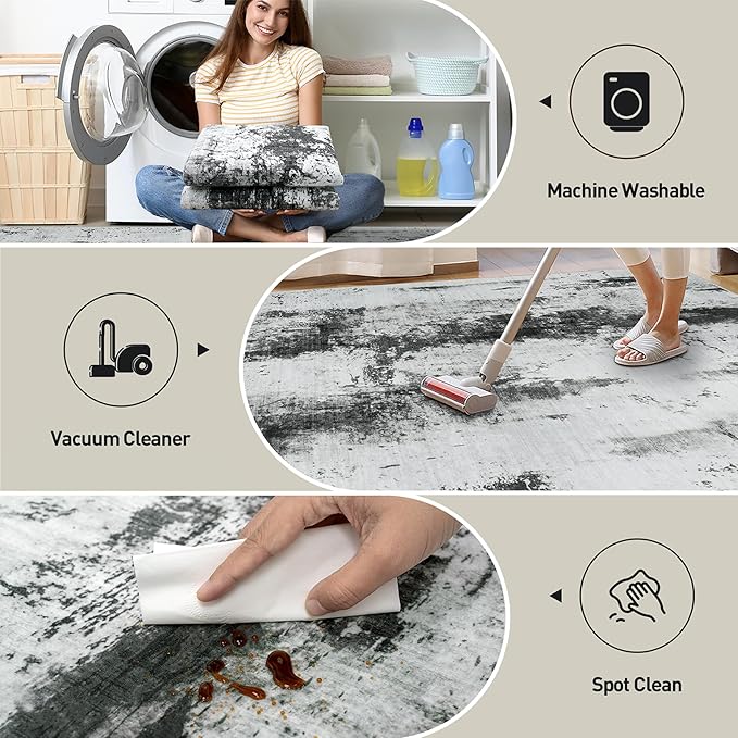 2'6''x8' Runner Rugs Washable Rug: Modern Abstract Living Room Rug Soft Anti-Skid Thin Carpet Indoor Floor Non-Shedding Carpets for Bedroom Dining Room Farmhouse Nursery Home Office Black White Grey