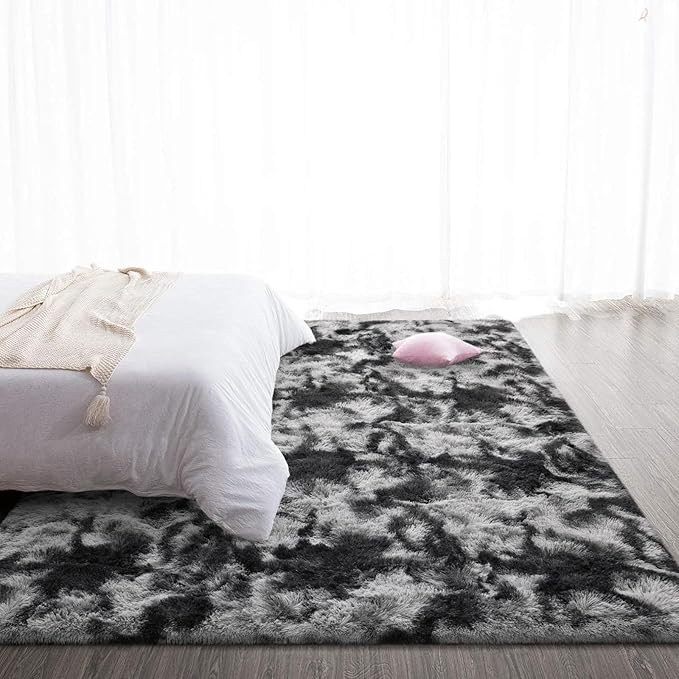 TWINNIS Super Soft Shaggy Rugs Fluffy Carpets 6x9 Feet, Indoor Modern Plush Area Rugs for Living Room Bedroom Kids Room Nursery Home Decor, Upgrade Anti-Skid Fuzzy Rug, Black and Grey