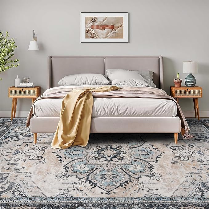 Washable Area Rug 8x10 - Living Room Farmhouse Vintage Oriental Rug Large Distressed Non-Slip Stain Resistant Carpet for Bedroom Dining Room Home Office (8x10 Blue/Cream)