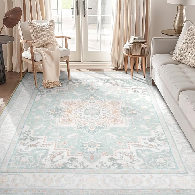 BESTSWEETIE 8x10 Area Rugs for Living Room, Washable Ultra Soft Boho Vintage Print Pattern Rug Non Slip Low Pile Carpet for Dining Room Bedroom Entryway Indoor-Light Blue