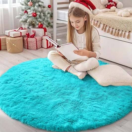 OLANLY Teal Blue Round Rugs for Bedroom - Machine Washable, 4x4 Feet Circle Area Rugs for Living Room, Soft and Fluffy Shaggy Carpet for Teen Girls and Boys, Dorms, Nursery Rooms, Home Decor Aesthetic
