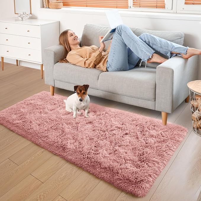 YJ.GWL Fluffy Runner Rugs for Bedroom Living Room Soft Shag Rug 2x6 Feet, Dirt Pink Plush Carpet Non Slip for Nursery Dorm, Fuzzy Bedside Rug for Kids Boys Room Home Decor