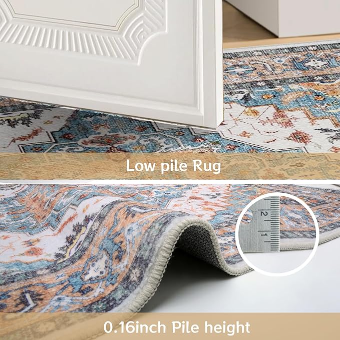 Washable Area Rugs, 3x5 Soft Non-Slip Soft Bedroom Living Room Accent Throw Boho Vintage Entry Floor Carpet for Dining Room Bathroom Entryway (Blue & Brown)