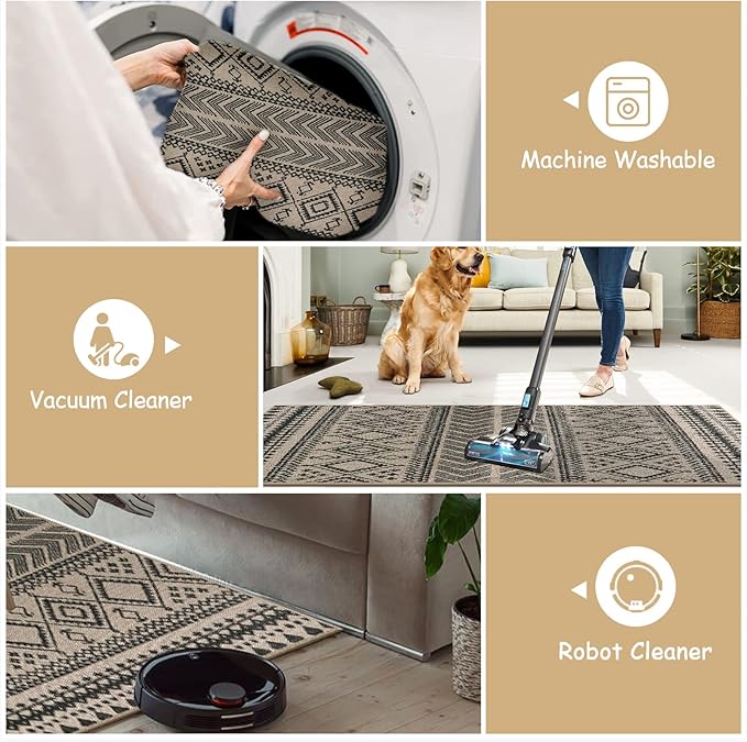 Lahome Boho Easy Jute Runner Rug - 2'6"x8' Long Kitchen Runner Rugs Non Skid Washable Black Hallway Stair Carpet Runner, Southwestern Indoor Outdoor Rug Bathroom Runners for Bedroom Patio Sliding Door