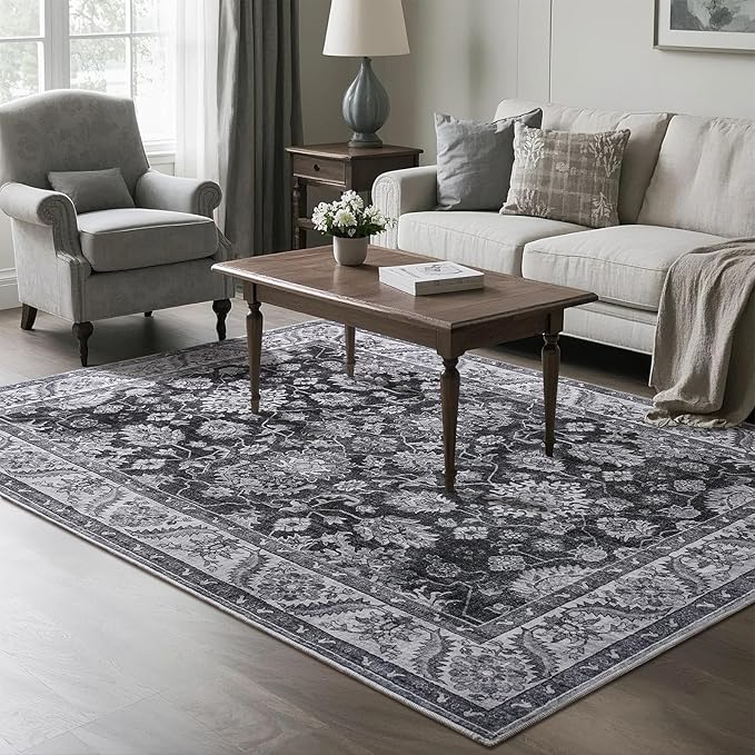 Area Rugs for Living Room, 4x6 Washable Rugs for Bedroom, Non-Slip Retro Floral Carpet for Entryway Office Kitchen Dining Room, Grey