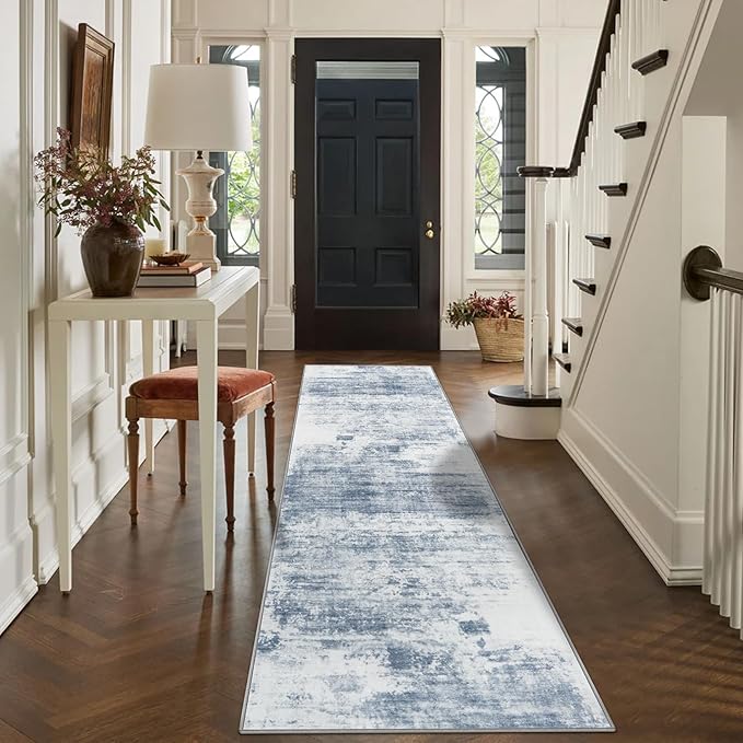 2'6''x8' Runner Rugs Washable Rug: Modern Abstract Living Room Rug Soft Anti-Skid Thin Carpet Indoor Floor Non-Shedding Carpets for Bedroom Dining Room Farmhouse Nursery Home Office - Blue White