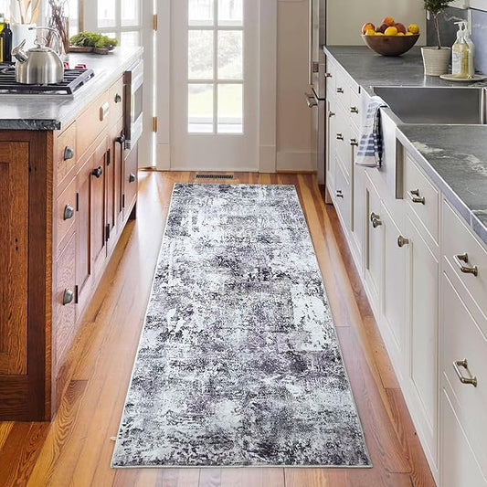 Runner Rug 2'6''x8' Hallway Rug Washable Boho Soft Area Rug Abstract Pattern Non-Slip Faux Wool Vintage for Kitchen, Entryway, Laundry, Bedroom, Purple