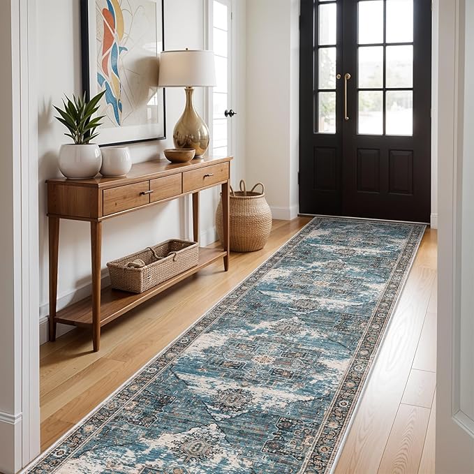 RUUGME Washable 3x14 Runner Rugs - Living Room Large Boho Rugs for Stain Resistant Carpet Vintage Tribal Rugs for Bedroom Kitchen Non Slip Backing Home Decor Floor Decoration Mat 3x14 Blue