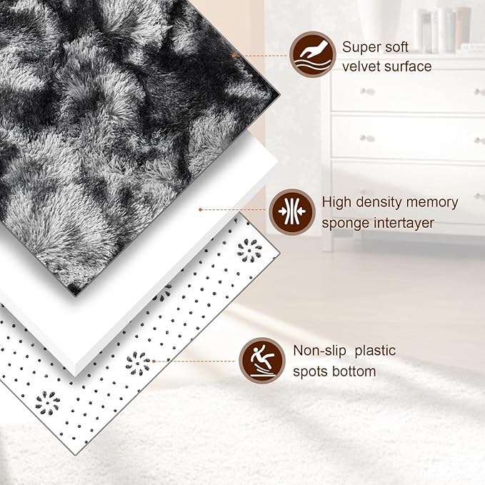 TWINNIS Super Soft Shaggy Rugs Fluffy Carpets 6x9 Feet, Indoor Modern Plush Area Rugs for Living Room Bedroom Kids Room Nursery Home Decor, Upgrade Anti-Skid Fuzzy Rug, Black and Grey