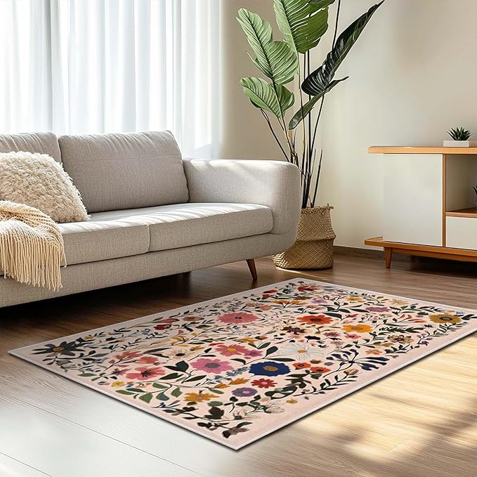 3x5 Entryway Rug Boho Floral Area Rug Bedroom Bedside Ultra-Thin Soft Small Carpet Bathroom Non Slip Indoor Entrance Low Pile Door Mat Kitchen Stain Resistant Washable Machine