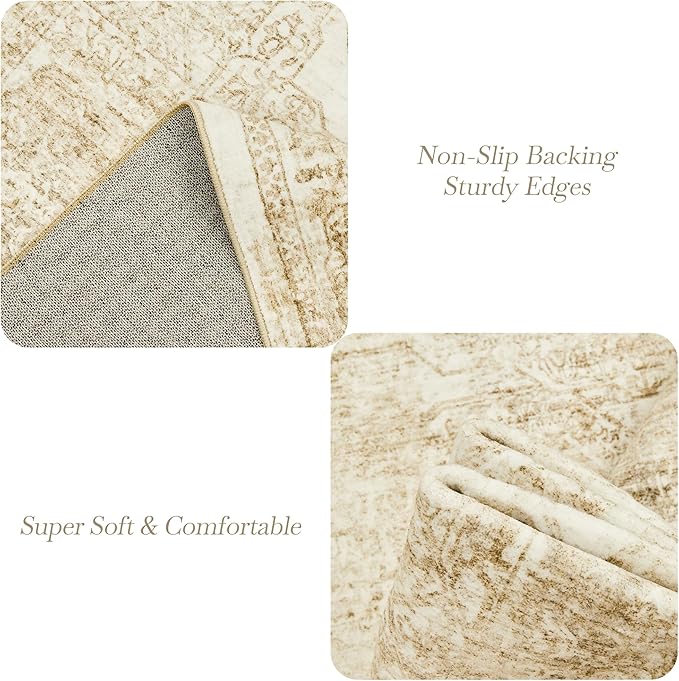 Washable Area Rug 8x10, Large Soft Rugs for Living Room Vintage Beige Rug 8x10 Area Rugs for Bedroom Dining Room Floral Non-Slip Thin Rug