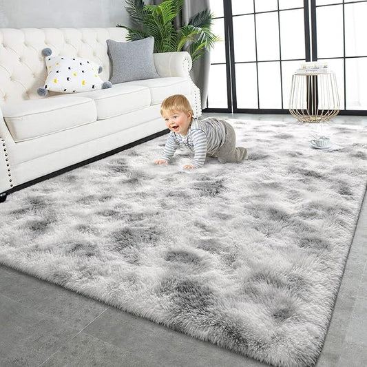 TWINNIS Super Soft Shaggy Rugs Fluffy Carpets 7x10 Feet, Indoor Modern Plush Area Rugs for Living Room Bedroom Kids Room Nursery Home Decor, Upgrade Anti-Skid Fuzzy Rug, Grey and White