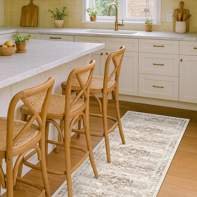 Boho Bathroom Rug 2x5 Runner, Neutral Farmhouse Kitchen Rugs, Small Throw Runners for Laundry Room Bedroom, Vintage Floral Décor, Non-Slip Low-Pile Washable Stain Resistant Beige Latte