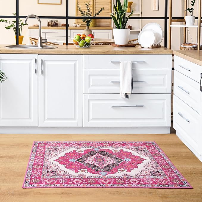 Noahas Front Door Mat Indoor Outdoor Entrance,2x3 Small Hot Pink Area Rugs Vintage Machine Washable Rugs Non-Slip Low Pile Carpets for Entryway Porch Bathroom Kitchen Bedroom Laundry Room Home Decor