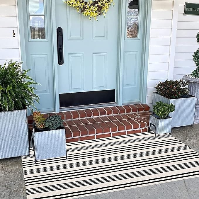 Black and White Striped Outdoor Rug 24'' x 51''Farmhouse Front Porch Mat Hand-Woven Machine Washable Layered Door Mats for Entryway/Bedroom