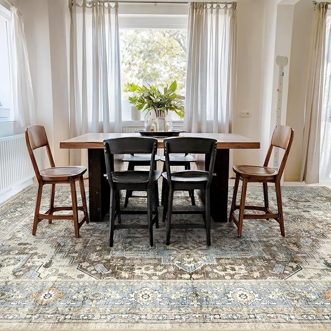 Area Rugs for Living Room 9x12 - Large Machine Washable Vintage Oriental Soft Rug, Low Pile Thin Carpet with Non Slip Backing for Bedroom, Dorm, Under Dining Room Table, Indoor House, Office Decor
