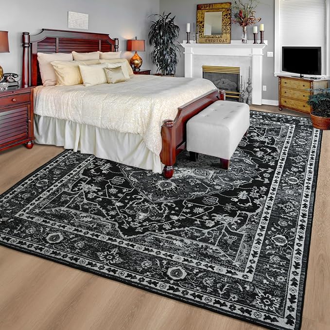 YJ.GWL Large Area Rug for Living Room, 5x7 Machine Washable Boho Rug for Bedroom, Low Pile Lightweight Thin Rugs Floral Vintage Distress Print Pattern Carpet for Dining Room, Navy Blue