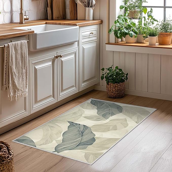 2x3 Entryway Rug Vintage Botanical Leaf Beige Area Rug Thin Small Carpet Bathroom Non Slip Indoor Entrance Low Pile Door Mat Kitchen Stain Resistant Washable Machine