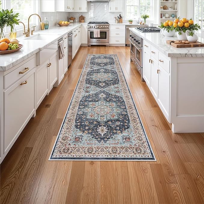 Washable Oriental Hallway Runner Rug - 3x12 Rugs for Living Room Soft Carpet for Bedroom Kitchen Waterproof Floral Distressed Indoor Stain Resistant Non-Shedding Floor Carpets (Blue/Teal/Orange, 3X12)