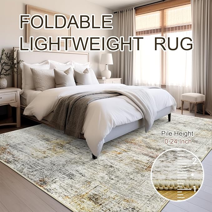 10x14 Area Rugs for Living Room, Non Slip Machine Washable Vintage Rugs, Low Pile Lightweight Large Rug for Bedroom, Dining Room, Home Office Gray Rust