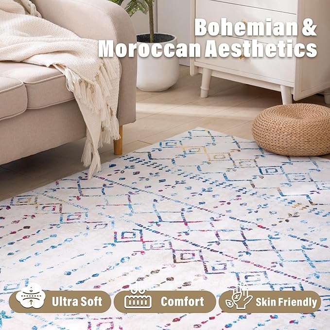 Carvapet Rugs for Living Room, Soft Modern Boho Low Pile Large Carpet with Rubber Backing, Foldable, Non Slip Machine Washable (12 x 9 Feet Rectangular, Colorful Area Rug)