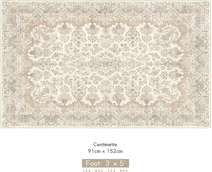 Boho Rug 3x5 Area Rugs, Washable Vintage Rug for Bedroom Living Room Kitchen Office Laundry Room, Non Slip Small Soft Rugs Retro Distressed Floor Carpet, Beige