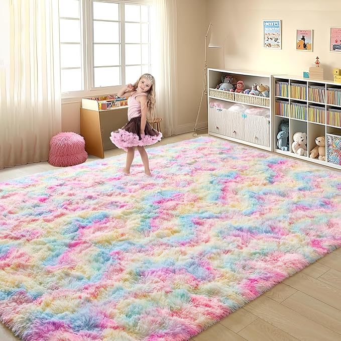 Tepook Soft Rainbow Rug for Girls Room, Cute Fluffy Bedroom Rug, 5x8 Feet Shaggy Princess Colorful Carpet for Kids Teens Toddler Playroom Nursery Reading Nook, Pink