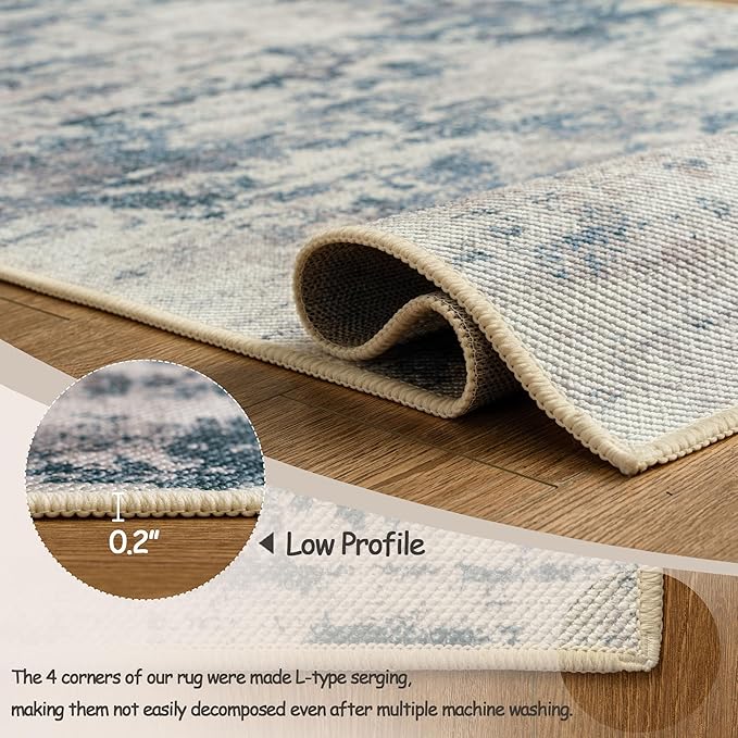 3x5 Abstract Washable Area Rug, Doormat Rugs, No Pile, Tear and Stain Resistance, Non-Slip, Hand Woven Style Thin Entryway Rug Throw Rug for High Traffic Entrance Bedside- Blue