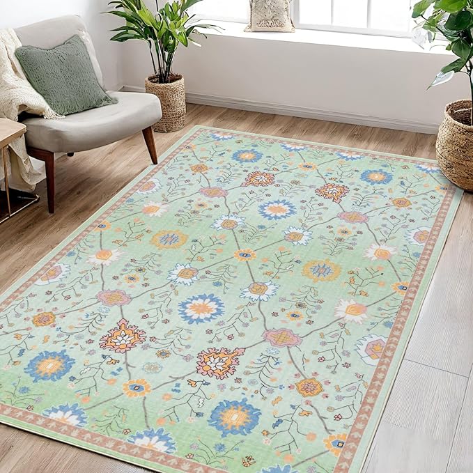 Syalife 3x5 Area Rugs, Non Slip Washable Low Pile Rugs for Living Room, Kitchen, Hallway, Bedroom Bedside, Kids Room, College Dorm (Green Floral, 3'x5')
