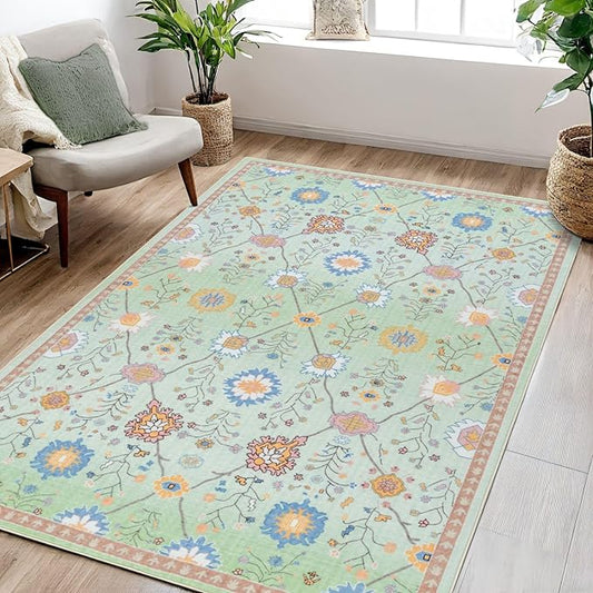 Syalife 3x5 Area Rugs, Non Slip Washable Low Pile Rugs for Living Room, Kitchen, Hallway, Bedroom Bedside, Kids Room, College Dorm (Green Floral, 3'x5')