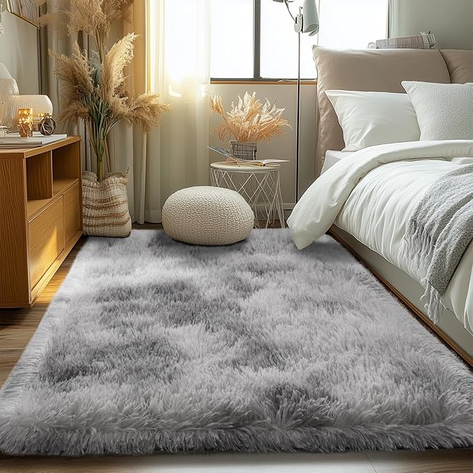 Zentavio Grey and White Area Rugs for Living Room Men Room Carpet 4x6 Bedroom Fluffy Furry Shag Aesthetic Plush High Pile Floor Rug for Kids Room Dorm Home Decor Tie-Dyed Grey White