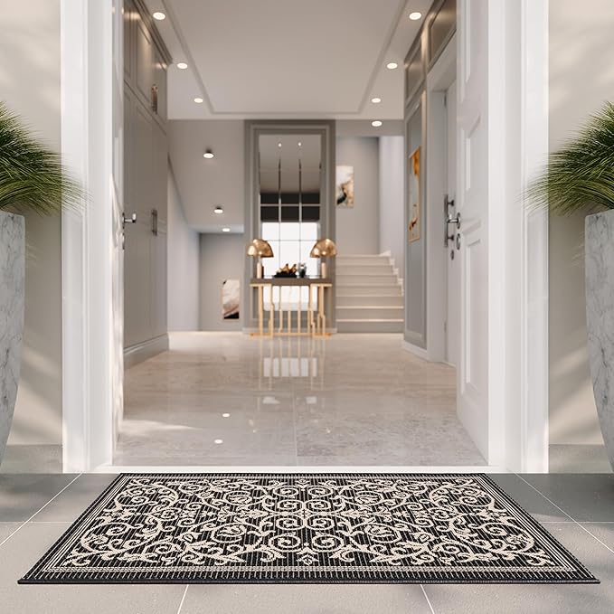 SAFAVIEH Courtyard Collection Accent Rug - 2' x 3'7", Black & Sand, Indoor/Outdoor & Washable, Ideal for High Traffic Areas in Patio, Backyard, Mudroom, Entryway, Doormat (CY2098-3908-2)