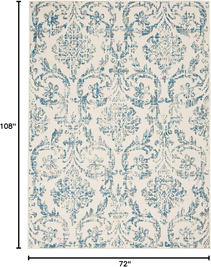 Nourison Jubilant Damask Ivory/Blue 6' x 9' Area -Rug, Easy -Cleaning, Non Shedding, Bed Room, Living Room, Dining Room, Kitchen (6x9)