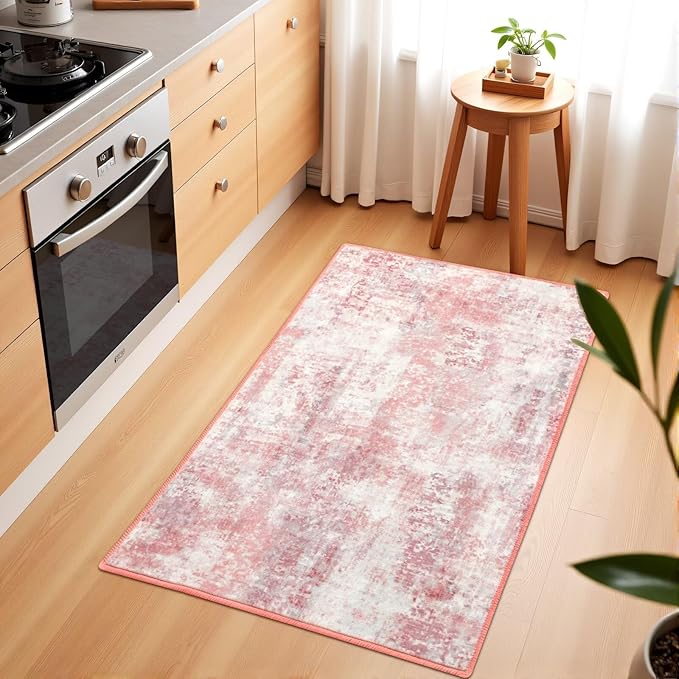 Washable Abstract Rug, 2x3 Small Modern Area Rugs with Non-Slip Rubber Backed for Kitchen, Thin but Soft Throw Carpet Bedroom Entryway Front Door Decor, Pink