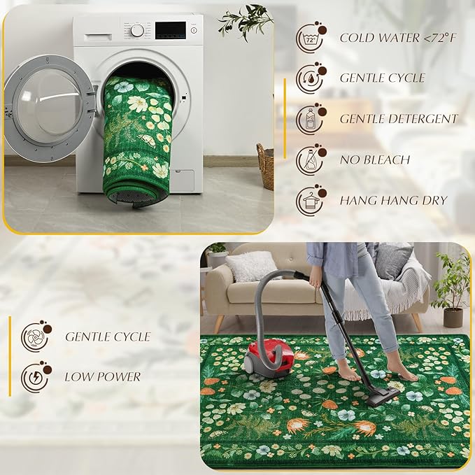 Area Rugs for Living Room, Washable 5x7 Vintage Rug for Bedroom, Non-Slip Floral Carpet for Home Office Nursery Dining Room Kitchen, Green