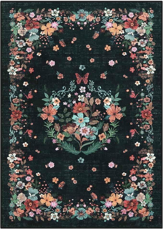2x3 Floral Entryway Rugs Indoor Washable Rug, Black Kitchen Rugs Non Slip Bathroom Rugs Vintage Throw Rugs, Boho Front Door Rug Small Area Rugs for Bedroom Bedside Entry Entrance Sink
