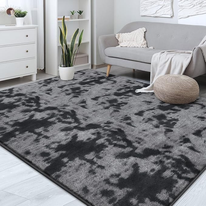 FlyDOIT Large Area Rugs for Living Room Bedroom, 7x10 Ft Tie-Dyed Dark Grey Ultra Soft Comfy Thickened Memory-Foam Indoor Carpets, Cozy Modern Floor Rug for Boys Girls Playroom Dorm Nursery Home Décor