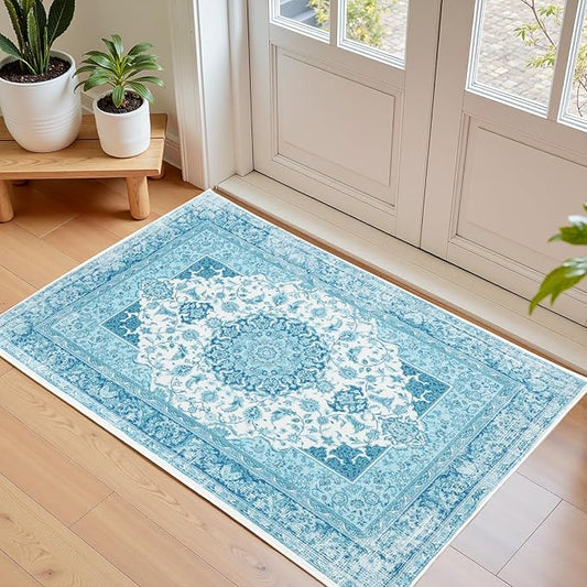 2x3 Small Area Rug for Entryway, Soft Washable Rugs with Non-Slip Backing for Bedroom Kitchen, Vintage Throw Carpet Laundry Entry Door Decor, Blue & White