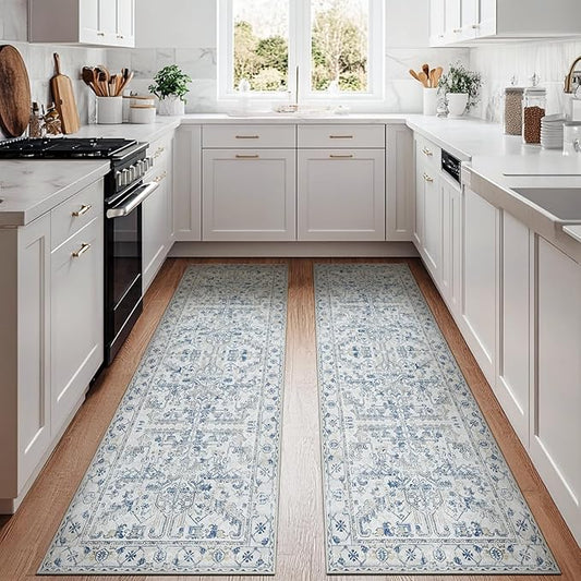 jinchan Kitchen Runner Rug 2x10-2pcs, Bohemian Hallway Rug Washable Floral Non Slip with Rubber Backing Vintage Carpet Runner for Bedroom Bathroom Laundry Room Living Room Decor Blue