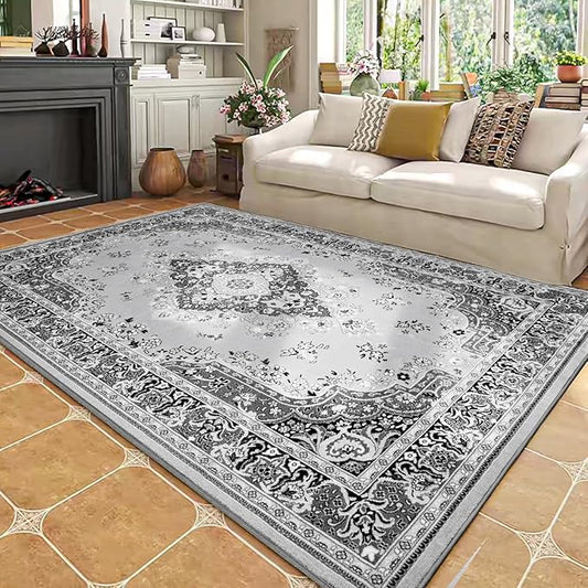 Vintage Area Rug for Living Room, Machine Washable Rug Non Slip Low Pile Large Rug for Living Room, Bedroom, Farmhouse, Dining Room, 9x11 Feet, Grey