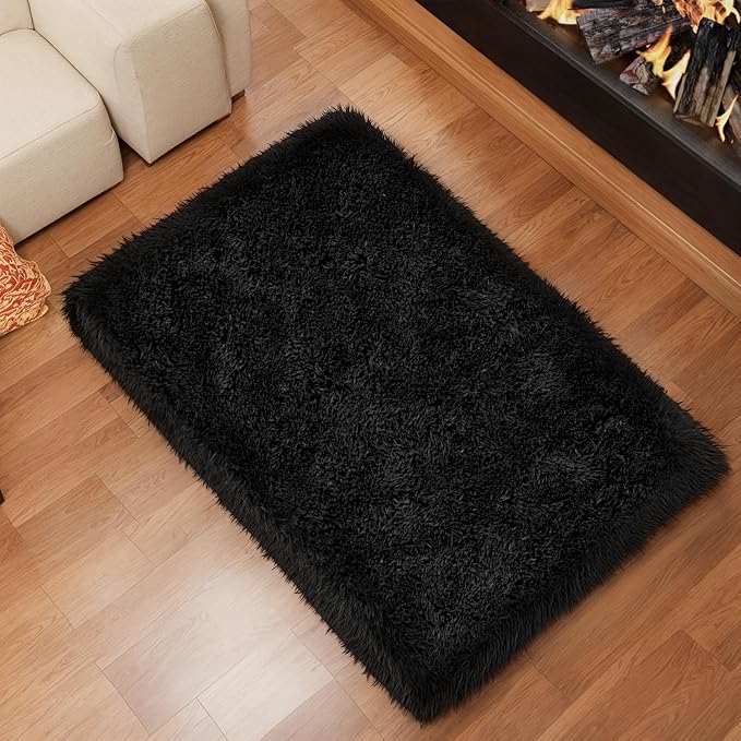 Zentavio Bedside Rugs Small 2x3 Shag Entry Entrance Rugs Soft Bedroom Carpet Area Rugs for Dorm College Essentials Non-Slip Living Room Throw Rug Home Decor Aesthetic Nursery Black
