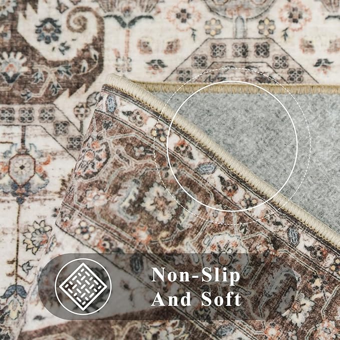 Washable 2x3 Entryway Area Rug: Vintage Non-Slip Backing Rugs for Kitchen Bathroom Water Resistant Carpet for Bedroom Soft Low Pile Front Door Mat for Dining Room 2x3 Brown