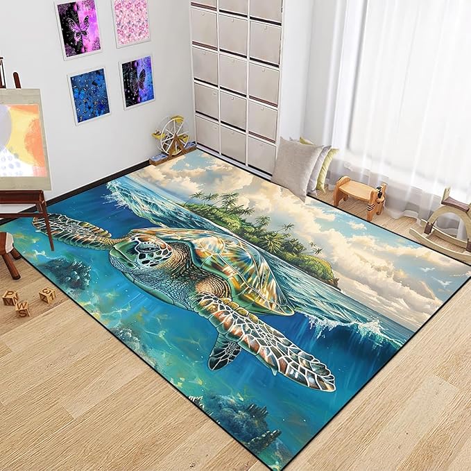 Sea Turtle Coastal Rug - Kids Sea Turtle Rugs for Bedroom Island Ocean Life Theme Carpet for Living Room Classroom, 70" L x 55" W