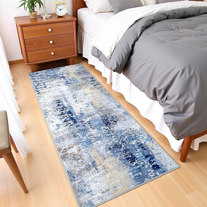 Washable Abstract Runner Rug, 2x6 Modern Area Rugs with Non-Slip Rubber Backed for Kitchen, Thin but Soft Contemporary Carpet Bedroom Entryway Hallway Decor, Midnight Blue