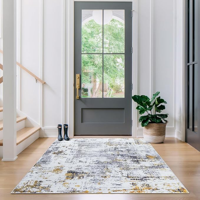 4'x6' Washable Area Rug - Modern Abstract Carpets for Living Room, Bedroom & Dining Room, Stain Resistant, Soft Non-Slip, Machine Washable (Black Gold)