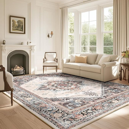 BESTSWEETIE 6x9 Area Rugs for Living Room Washable Non Slip Carpet Low Pile Soft Vintage Print Pattern Rug for Bedroom Dining Room Kitchen Entryway Indoor-Khaki/Beige/Purple/Black/Brick