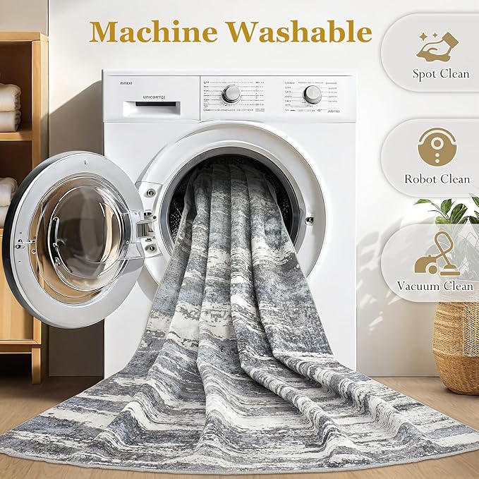 Area Rugs for Living Room: 6x9 Abstract Washable Rug Modern Neutral Large Soft Stain Resistant Non-Slip Backing Machine Table for Bedroom Dining Room Indoor Home Office Carpet - Navy/Grey