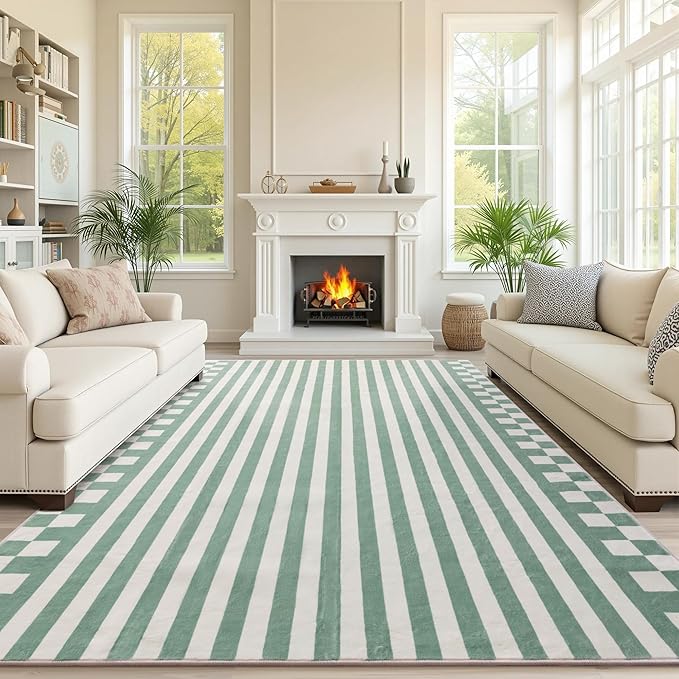 Carvapet Green Rugs for Living Room Bedroom, Striped Low Pile Modern Large Carpet with Rubber Backing, Foldable, Non Slip Machine Washable (7 x 5 Feet Rectangular, Green Area Rug)