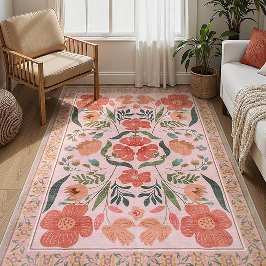 Beige Boho Washable Area Rug 5x7, Floral Soft Non Slip Kids Rugs for Bedroom, Ultra-Thin Colorful Living Room Carpet, Farmhouse Botanical Carpet for Nursery Playroom (5x7ft,Beige)
