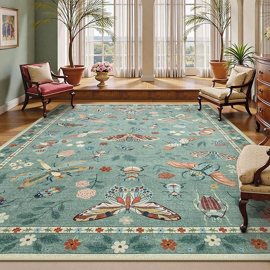 Beeiva Insect Print Rug 8x10, Non Slip Washable Living Room Area Rugs, Soft Low Pile Ultra Thin Dining Room Rug Stain Resistant Large Carpet for Office, Bedroom, Kids Room, Playroom - Light Green